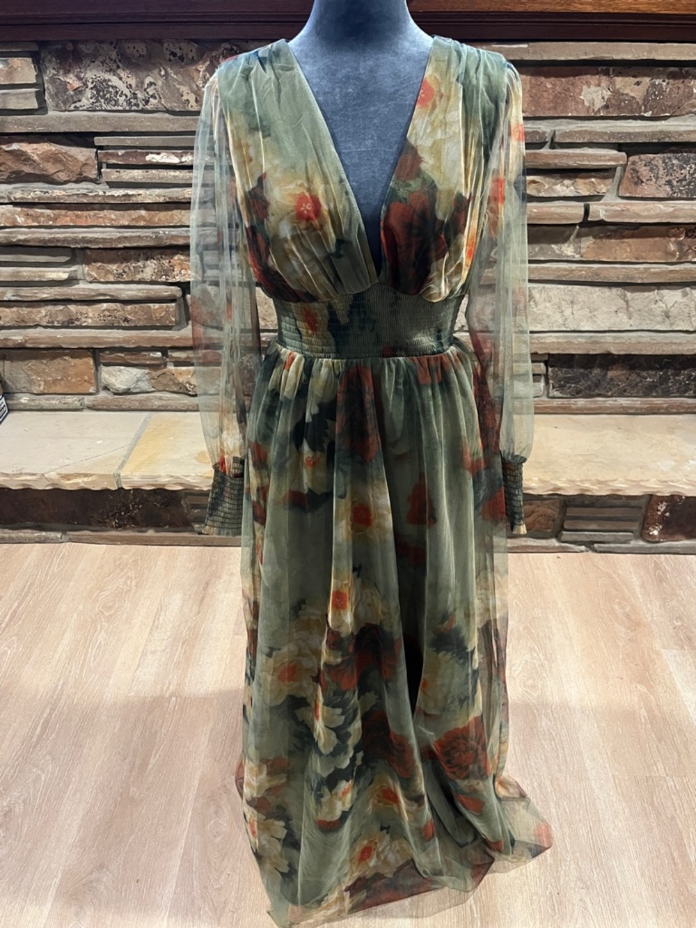 Baltic Born Layla Olive Green Floral Maxi Dress with Rust and Cream Accents NWT
